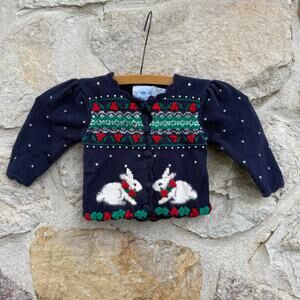 VINTAGE Hartstrings baby sweater cardigan bunnies size 9-12 months navy